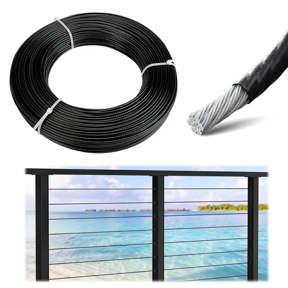 1/8 to 3/16 Black Coated Wire Rope, 7x7 Stainless Steel Strands, Suitable for Damp Areas & Cable Railing Indoor/Outdoor
1/8 to 3/16 Black Coated Wire Rope, 7x7 Stainless Steel Strands, Suitable for Damp Areas & Cable Railing Indoor/Outdoor