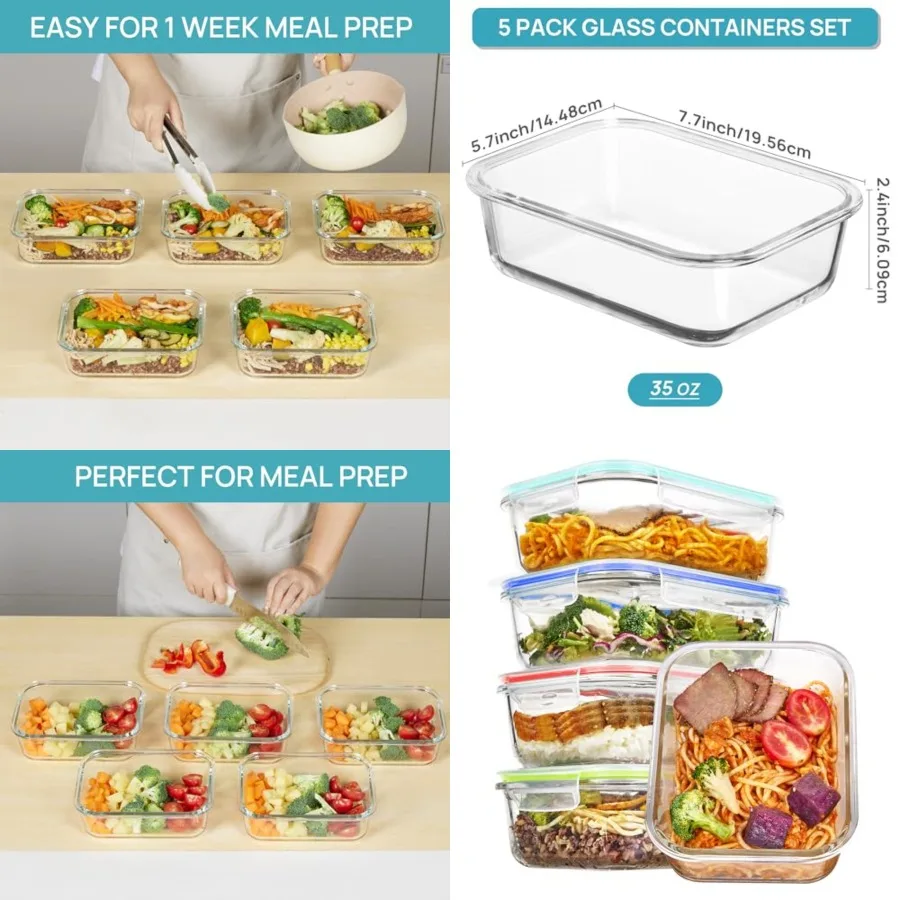 5 Pack Glass Food Storage Containers with Lids, Meal Prep Containers, Airtight Reusable Lunch Container Set, Safe for Oven, Mic
5 Pack Glass Food Storage Containers with Lids, Meal Prep Containers, Airtight Reusable Lunch Container Set, Safe for Oven, Mic
