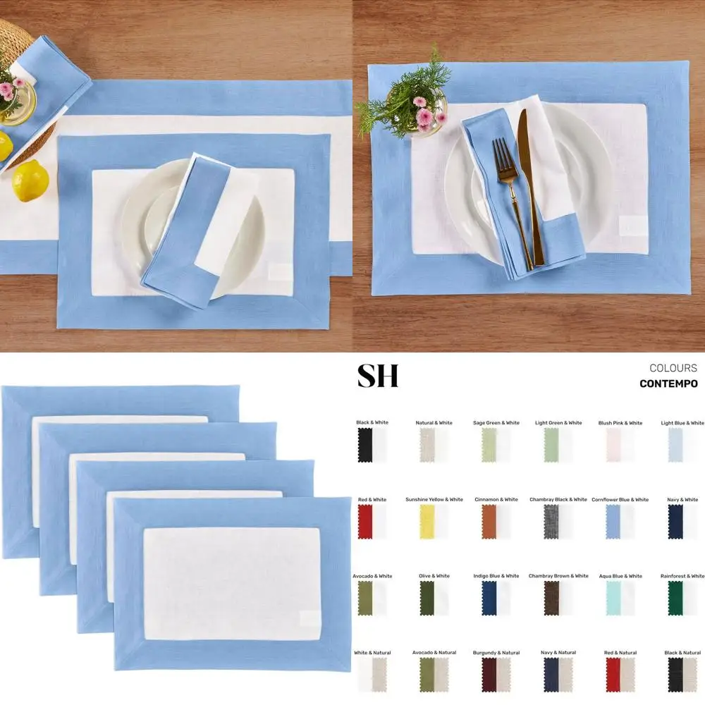 Set of 4 Pure Linen 14x19 Cornflower Blue & White Placemats - Handcrafted, Machine Washable, Contemporary Style
Set of 4 Pure Linen 14x19 Cornflower Blue & White Placemats - Handcrafted, Machine Washable, Contemporary Style