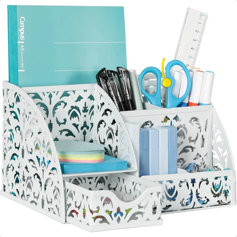 Elegant Floral Desk Organizer with Sliding Drawer 6 Compartments Metal Desktop Caddy Decorative Hollow Flower Design AntiScratc
Elegant Floral Desk Organizer with Sliding Drawer 6 Compartments Metal Desktop Caddy Decorative Hollow Flower Design AntiScratc