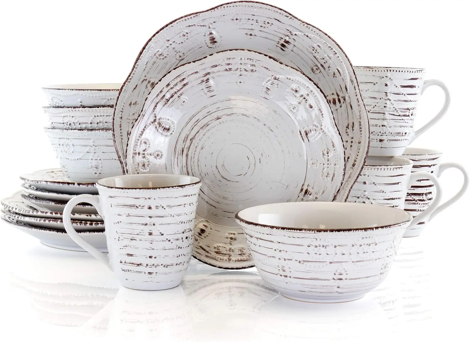 Rustic Birch 16 Piece Embossed Scalloped Stoneware Round Dinnerware Set in White with Brown Accents
Rustic Birch 16 Piece Embossed Scalloped Stoneware Round Dinnerware Set in White with Brown Accents