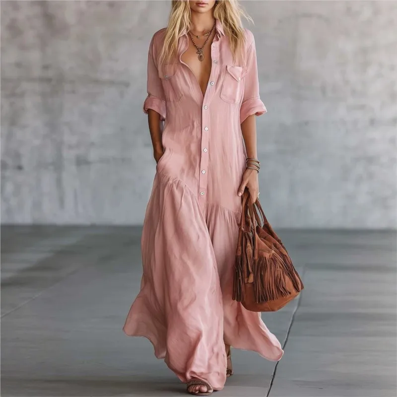 Women Solid Loose Shirt Dresses Casual Summer 3/4 Sleeve V Neck Front Button Maxi Dress Elegant Pleated Pocket Vacation Dress
Women Solid Loose Shirt Dresses Casual Summer 3/4 Sleeve V Neck Front Button Maxi Dress Elegant Pleated Pocket Vacation Dress