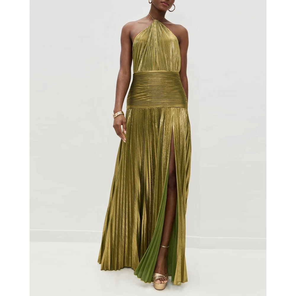 Summer Women's Halter Blackless Pleated Maxi Dress Gold Glitter High Slit Bodycon Evening Gown Party Dress
Summer Women's Halter Blackless Pleated Maxi Dress Gold Glitter High Slit Bodycon Evening Gown Party Dress
