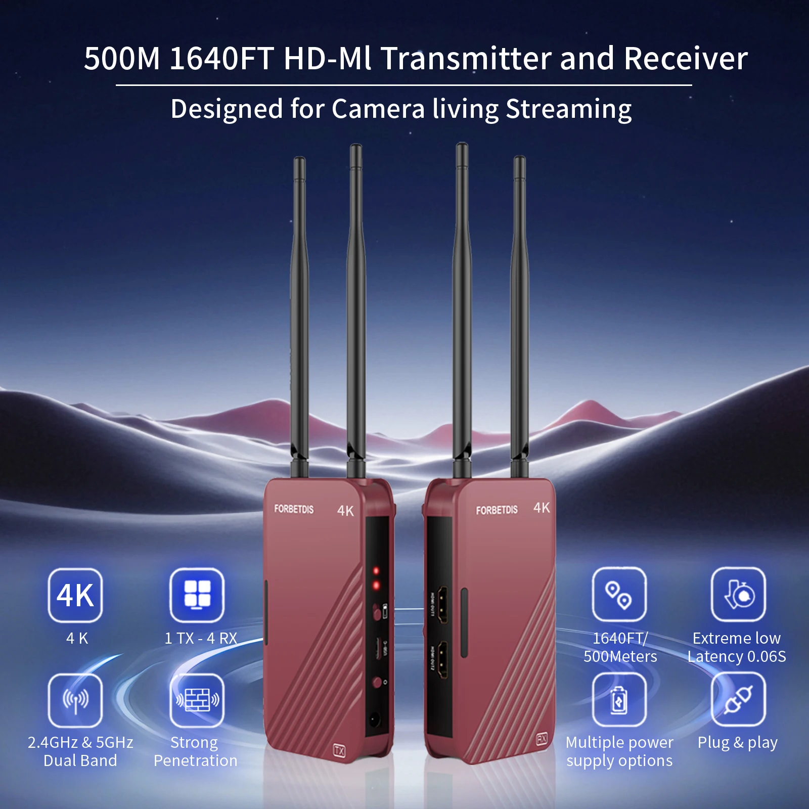 FORRBETDIS JM500PRO 4k 500m Wireless Transmission 1640ft Transmitter Receiver 2.4G&5G Dual Band Extreme low Latency
FORRBETDIS JM500PRO 4k 500m Wireless Transmission 1640ft Transmitter Receiver 2.4G&5G Dual Band Extreme low Latency