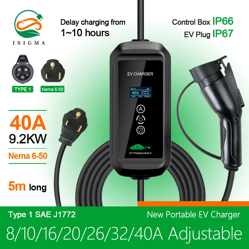 ISIGMA 40A 9.2KW J1772 Type 1 EV Charger EVSE Adjustable Level 2 Vehicle Charger With 5m 7m Cables NEMA 6-50 Power Socket 240V
ISIGMA 40A 9.2KW J1772 Type 1 EV Charger EVSE Adjustable Level 2 Vehicle Charger With 5m 7m Cables NEMA 6-50 Power Socket 240V