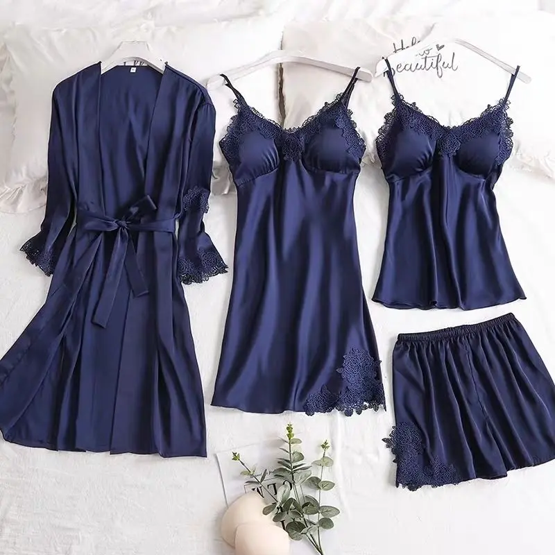 Sexy Pajamas Four-piece Pendant Skirt Home Wear Set Women's Summer Ice Silk Nightgown Halter Shorts with Chest Pad Sleepwear
Sexy Pajamas Four-piece Pendant Skirt Home Wear Set Women's Summer Ice Silk Nightgown Halter Shorts with Chest Pad Sleepwear