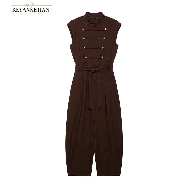 KEYANKETIAN 2026 Elegant Coffee Sleeveless Overall Stand Collar Front Buttons Self Fabric Tie Loose Cropped Wide Leg Pants
KEYANKETIAN 2026 Elegant Coffee Sleeveless Overall Stand Collar Front Buttons Self Fabric Tie Loose Cropped Wide Leg Pants
