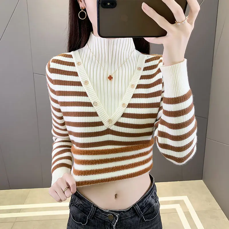 2023 Striped Knitted Cashmere Sweater Women's Cashmere Sweater Half Turtleneck Pullover Autumn/Winter Warm Velvet Lined Sweater
2023 Striped Knitted Cashmere Sweater Women's Cashmere Sweater Half Turtleneck Pullover Autumn/Winter Warm Velvet Lined Sweater