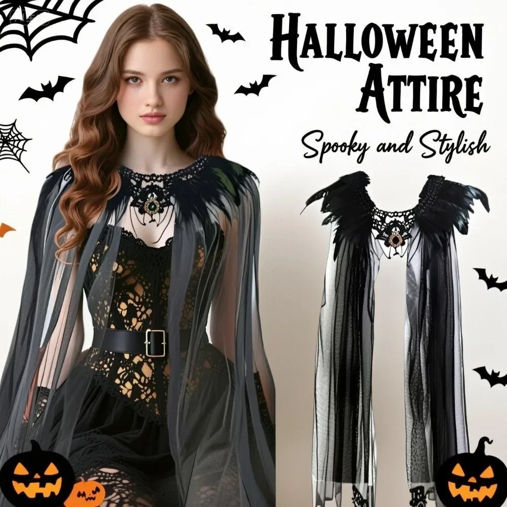 Creative Gothic Witch Shawl Crystal Feather Halloween Cloak Black Party Tulle Cape Adults 
Creative Gothic Witch Shawl Crystal Feather Halloween Cloak Black Party Tulle Cape Adults