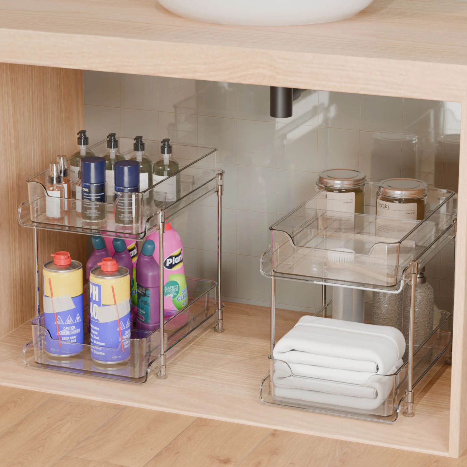 Double Layered Transparent Plastic Pull-Out Shelf - Versatile Organizer for Bathroom, Kitchen, Desktop - Cosmetic, Skincare, an
Double Layered Transparent Plastic Pull-Out Shelf - Versatile Organizer for Bathroom, Kitchen, Desktop - Cosmetic, Skincare, an
