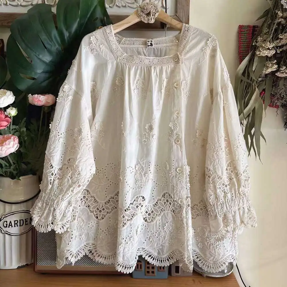Spring New Japanese Sweet Mori Girl Flower Embroidery Hollow Out Shirts Women Long Sleeve Solid Color Casual Loose Cotton Tops
Spring New Japanese Sweet Mori Girl Flower Embroidery Hollow Out Shirts Women Long Sleeve Solid Color Casual Loose Cotton Tops