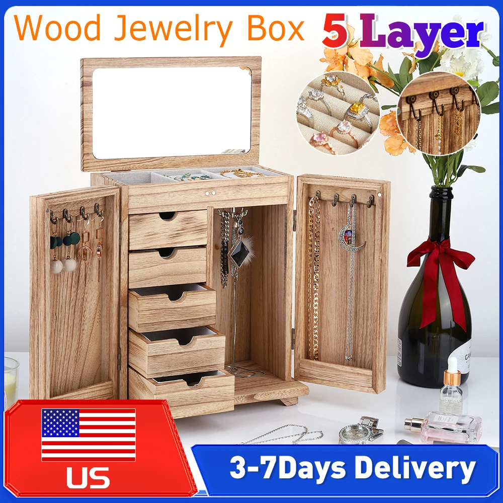 Деревянная шкатулка для украшений с 5 ярусами, зеркалом и большими ящиками, органайзер для хранения и демонстрации ювелирных изделий, для колье, серег и других украшений
Деревянная шкатулка для украшений с 5 ярусами, зеркалом и большими ящиками, органайзер для хранения и демонстрации ювелирных изделий, для колье, серег и других украшений