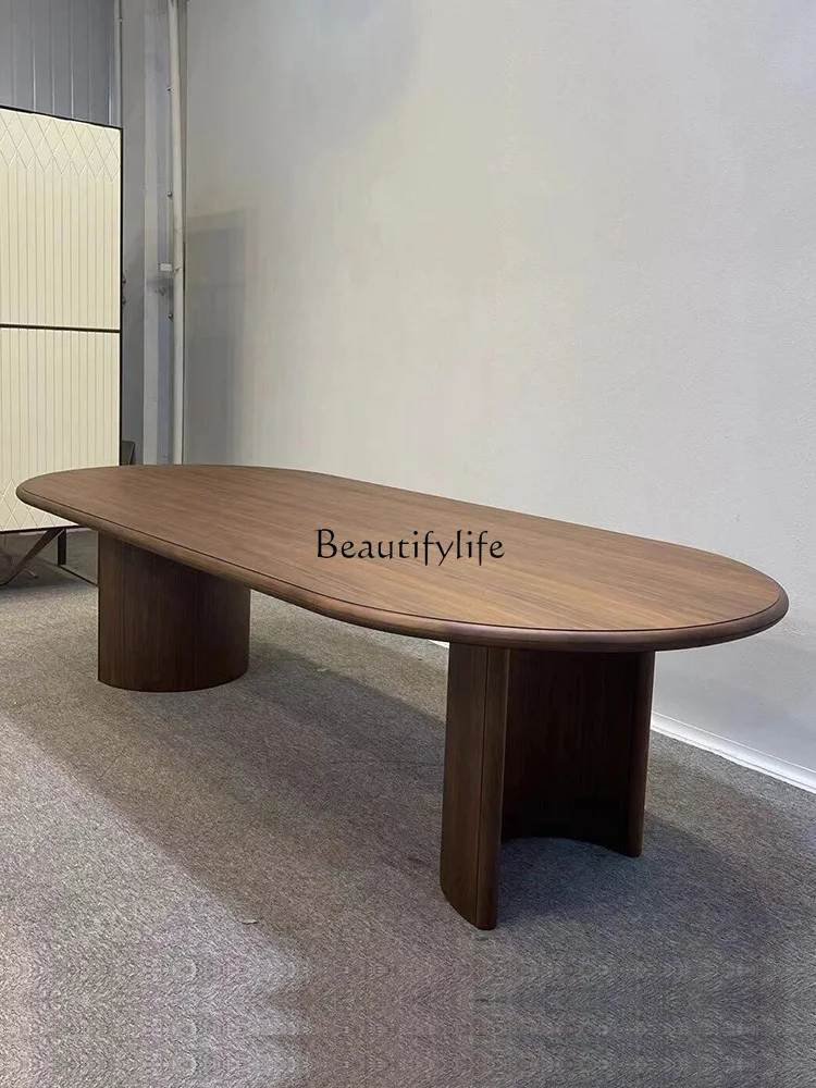 Medieval solid wood dining table Nordic living room creative walnut color household oval retro dining table
Medieval solid wood dining table Nordic living room creative walnut color household oval retro dining table