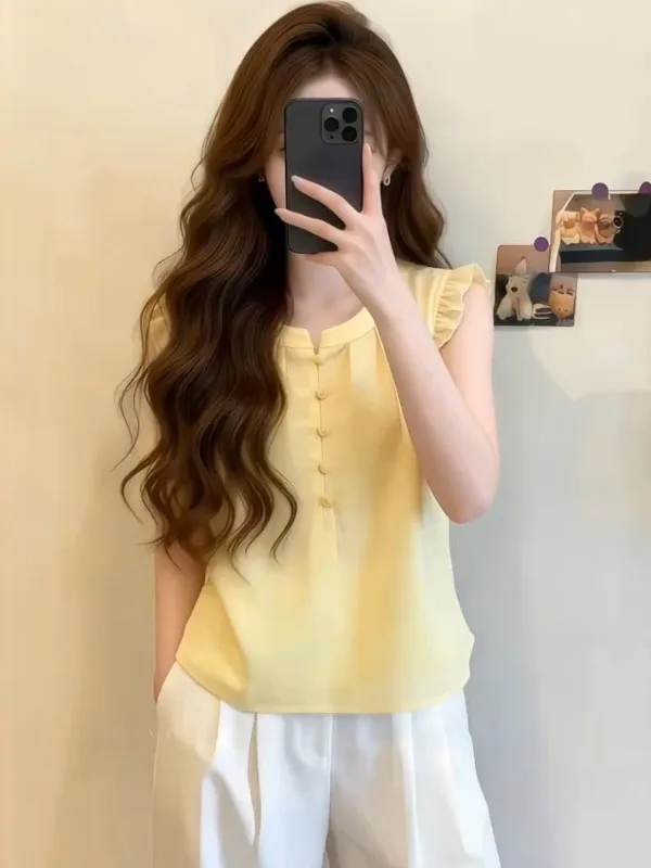 Sweet Style Yellow Fly Sleeve Shirt Women's Summer Design Sense Button Slimming Young Doll Shirt Top round Neck Short Sleeve
Sweet Style Yellow Fly Sleeve Shirt Women's Summer Design Sense Button Slimming Young Doll Shirt Top round Neck Short Sleeve