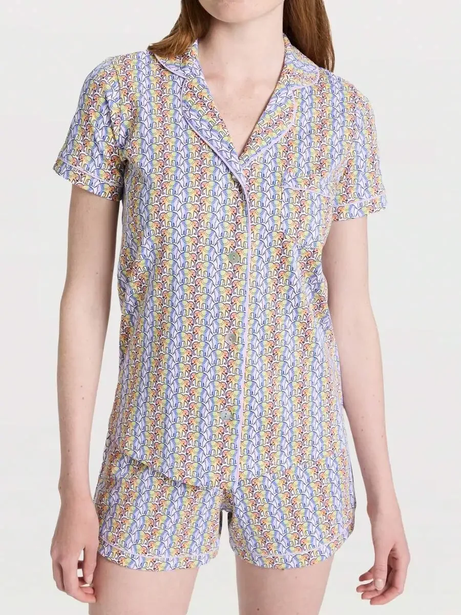 Womens Summer Pajama Set Cartoon Elephant Print Short Sleeve Lapel Button Top With Elastic Waist Shorts
Womens Summer Pajama Set Cartoon Elephant Print Short Sleeve Lapel Button Top With Elastic Waist Shorts
