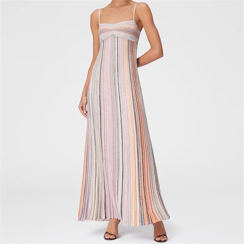 Womens dresses New elastic knitted sleeveless long dresses for summer 2025 Metal yarn blend stripes dress suspender midi dresses
Womens dresses New elastic knitted sleeveless long dresses for summer 2025 Metal yarn blend stripes dress suspender midi dresses