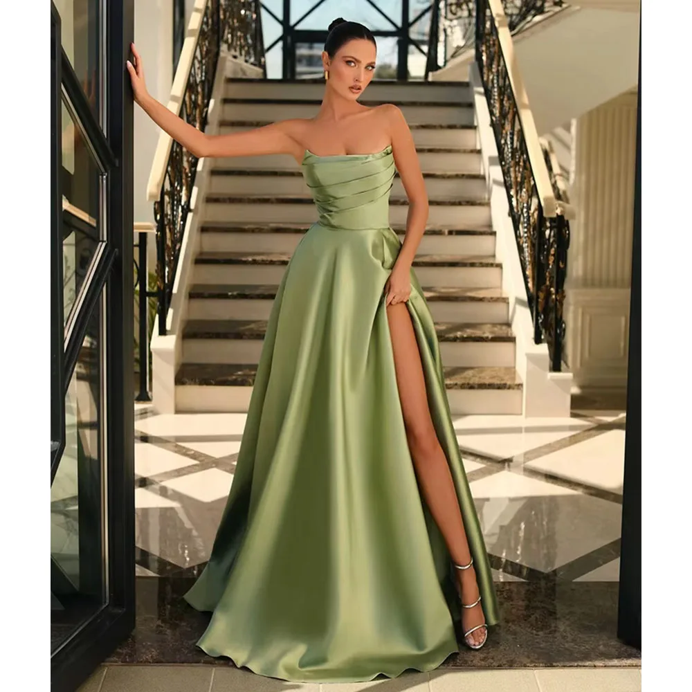 Simple Green Evening Dresses for Party Satin Sleeveless Pleats Prom Gowns High Split Strapless A-Line Celebrity Dress Customized
Simple Green Evening Dresses for Party Satin Sleeveless Pleats Prom Gowns High Split Strapless A-Line Celebrity Dress Customized