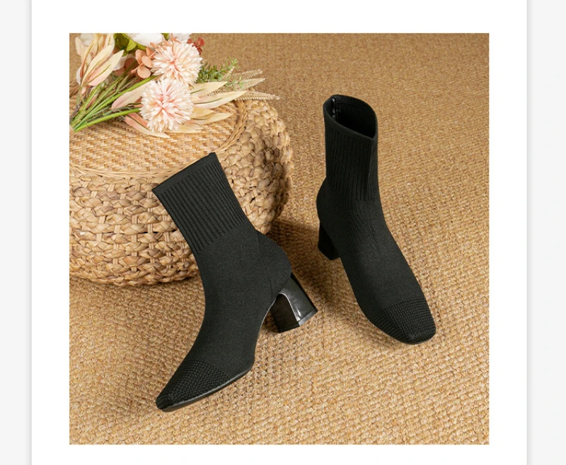 Black Square Toe Knit Sock Boots Elastic Slim Thick Block Heel High Heels Short Boots Fashion Autumn Casual Skinny Ankle Boots 20 Sc027fa524b5c45939c73e3f327d915cdC