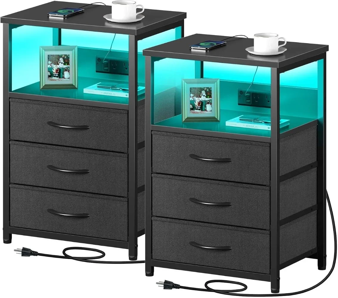 Nightstand with Charging Station and LED Light,Set of 2 Side Table with 3 Fabric Drawers, Bedside End Table with USB Ports Black
Nightstand with Charging Station and LED Light,Set of 2 Side Table with 3 Fabric Drawers, Bedside End Table with USB Ports Black