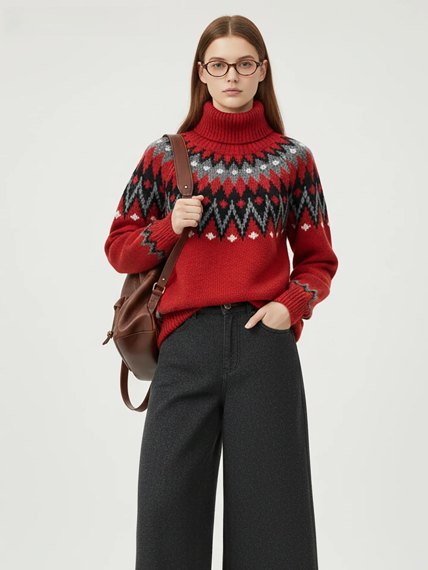 Retro Knitted High Collar Sweater Red Floral Pattern Women's Winter Warm Long Sve Pullover Cisas Sle Wool Blend Top
Retro Knitted High Collar Sweater Red Floral Pattern Women's Winter Warm Long Sve Pullover Cisas Sle Wool Blend Top