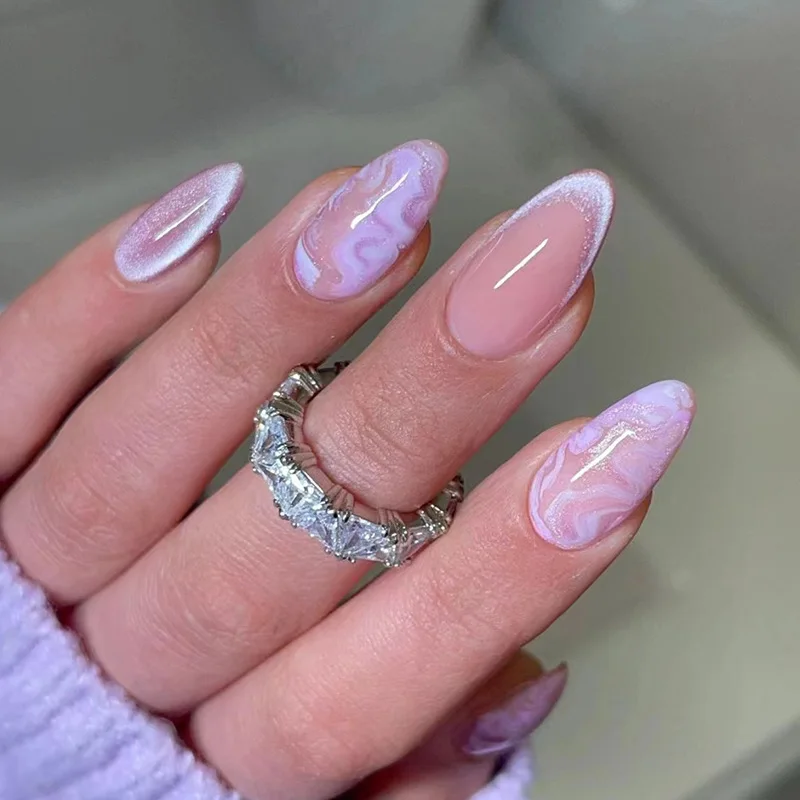 24pcs Cat's Eye False False Nail Art Almond Fake Nails Tips Purple French Simple Wearable Wave Smudge Design Press on Nails Sets
24pcs Cat's Eye False False Nail Art Almond Fake Nails Tips Purple French Simple Wearable Wave Smudge Design Press on Nails Sets