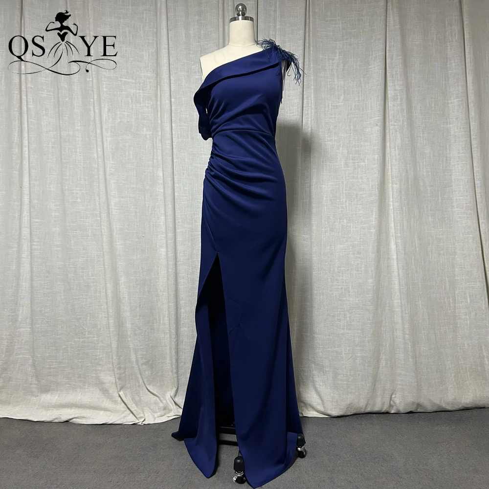 One Shoulder Strap Navy Evening Dresses Ostrich Hair Feather Elastic Satin Simple Prom Gown Off Shoulder Split Blue Party Dress
One Shoulder Strap Navy Evening Dresses Ostrich Hair Feather Elastic Satin Simple Prom Gown Off Shoulder Split Blue Party Dress
