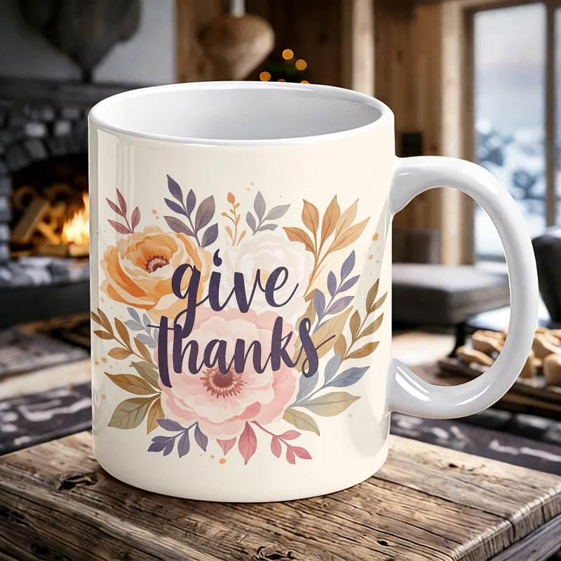11 oz 'Give Thanks' floral handle ceramic mug, full-print coffee mug, insulated milk cup, office water cup, fade-resistant
11 oz 'Give Thanks' floral handle ceramic mug, full-print coffee mug, insulated milk cup, office water cup, fade-resistant