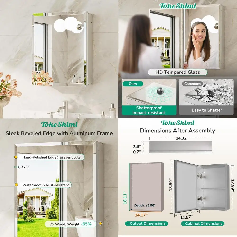 14x18 Inch Recessed Medicine Cabinet with Mirror, Silver Finish, Tempered Glass, Adjustable Shelves
14x18 Inch Recessed Medicine Cabinet with Mirror, Silver Finish, Tempered Glass, Adjustable Shelves