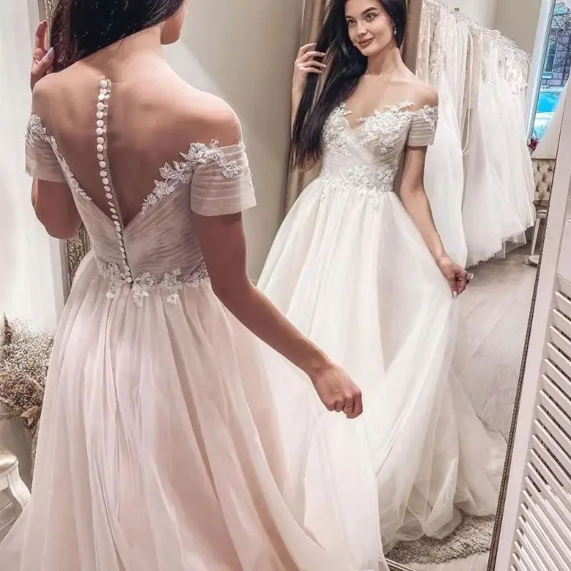2025 Elegant Tulle Wedding Dresses Off Shoulder Princess A-Line Lace Appliques Ruched Bridal Gown Plus Size Vestido De Noiva
2025 Elegant Tulle Wedding Dresses Off Shoulder Princess A-Line Lace Appliques Ruched Bridal Gown Plus Size Vestido De Noiva