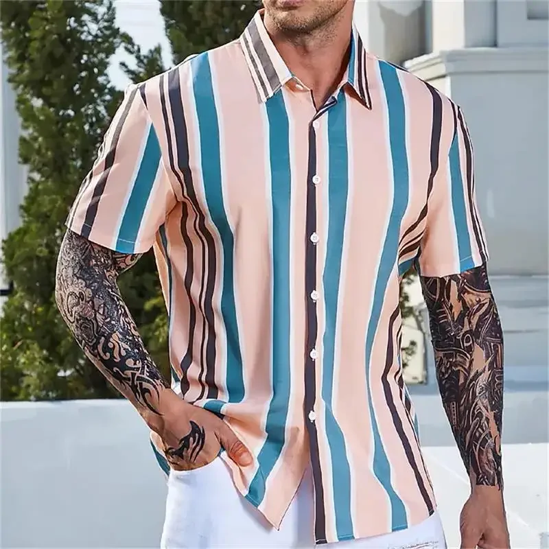 Hawaii Shirts For Men Summer Casusal Striped Print Shirt Short Sleeve Oversized Street Mens Designer Clothing Camisas De Hombre 
Hawaii Shirts For Men Summer Casusal Striped Print Shirt Short Sleeve Oversized Street Mens Designer Clothing Camisas De Hombre