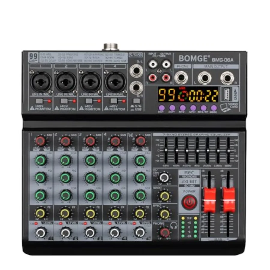 06A Professional 6 Channel DJ Audio Mixer DJ Controller Sound Mixer with 99 DSP Effects 7-band EQ Independent 48V Bluetooth USB
06A Professional 6 Channel DJ Audio Mixer DJ Controller Sound Mixer with 99 DSP Effects 7-band EQ Independent 48V Bluetooth USB