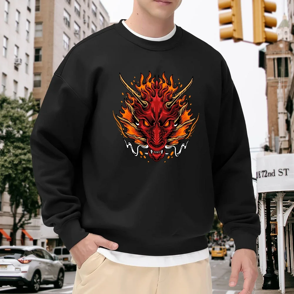Men's Black Crew Neck Sweatshirt with Flame Dragon Print, Loose Fit Top, Street Fashion Casual Versatile Style, Comfortable for Everyday Wear and Sports
Men's Black Crew Neck Sweatshirt with Flame Dragon Print, Loose Fit Top, Street Fashion Casual Versatile Style, Comfortable for Everyday Wear and Sports