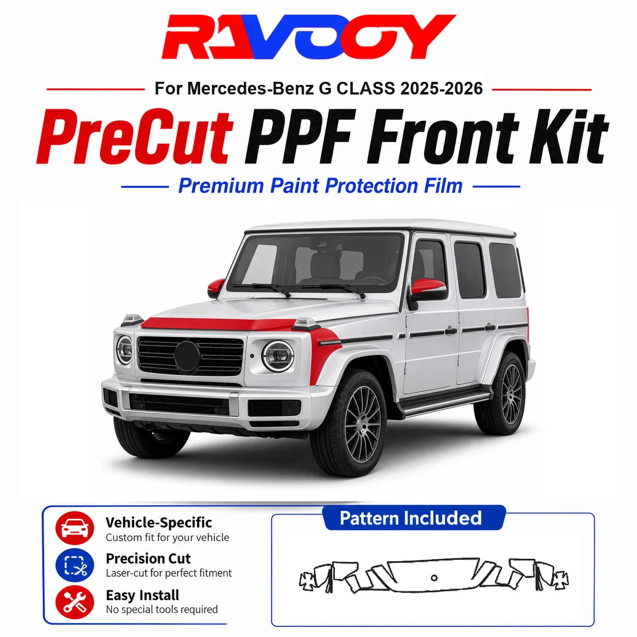 8.5mil TPU Precut PPF Kit For Mercedes-Benz G CLASS 2025-2026 - Hood, Fenders & Mirror Set - Self-Healing Clear Bra Film
8.5mil TPU Precut PPF Kit For Mercedes-Benz G CLASS 2025-2026 - Hood, Fenders & Mirror Set - Self-Healing Clear Bra Film