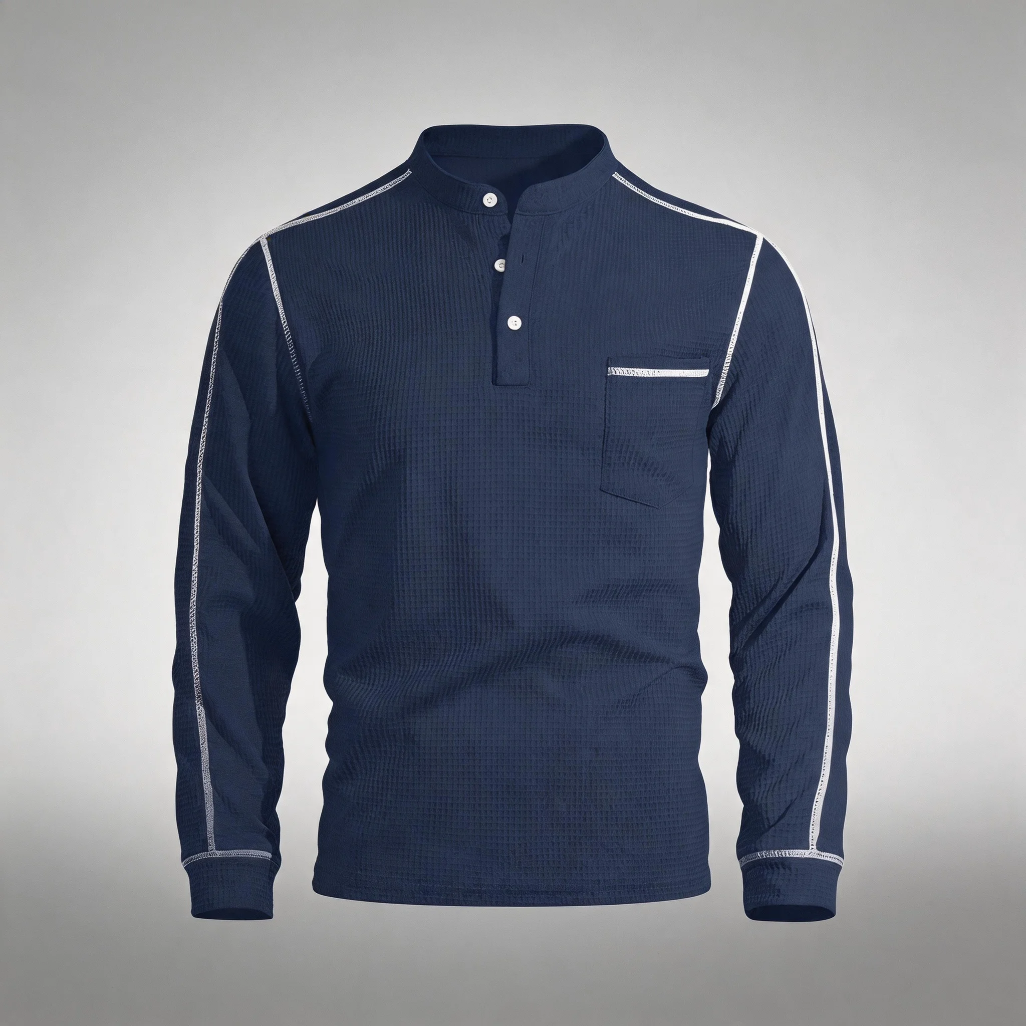 Men's Navy Blue Waffle Grid Texture Contrast Piping Mandarin Collar Henley Long Sleeve Shirt
Men's Navy Blue Waffle Grid Texture Contrast Piping Mandarin Collar Henley Long Sleeve Shirt