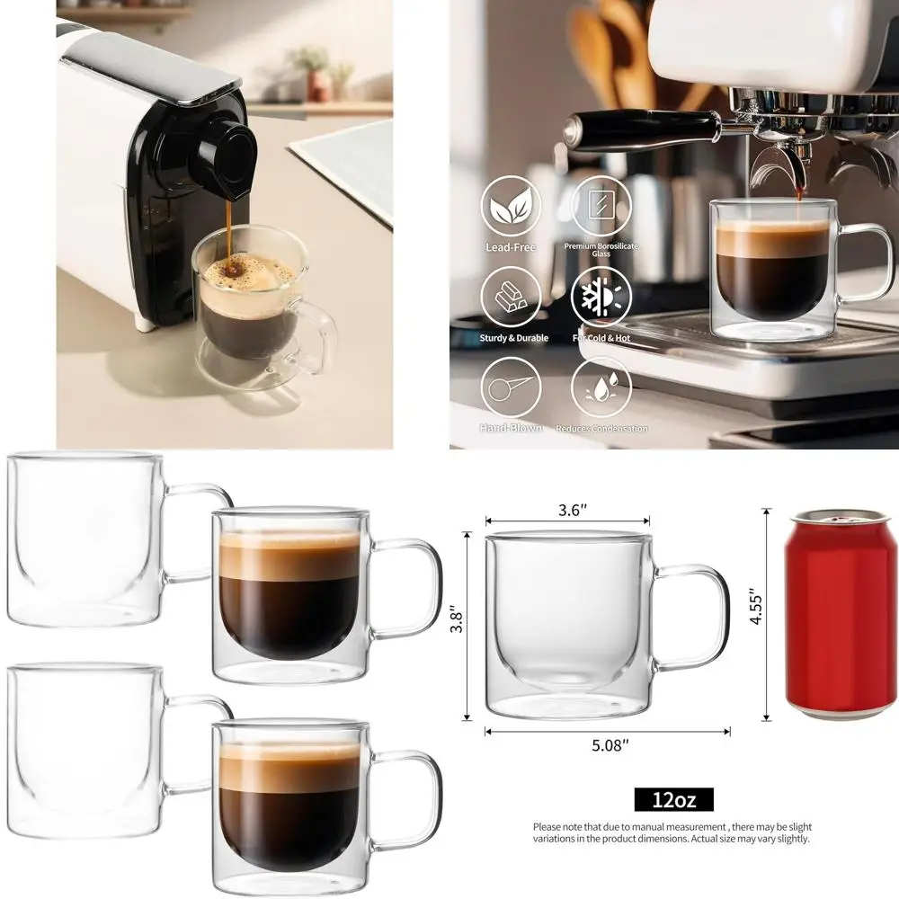 Набор из 4–12 унций прозрачных стеклянных кофейных кружек с двойными стенками, изолированные чашки на 355 мл для горячих и холодных напитков, чая, эспрессо
Набор из 4–12 унций прозрачных стеклянных кофейных кружек с двойными стенками, изолированные чашки на 355 мл для горячих и холодных напитков, чая, эспрессо