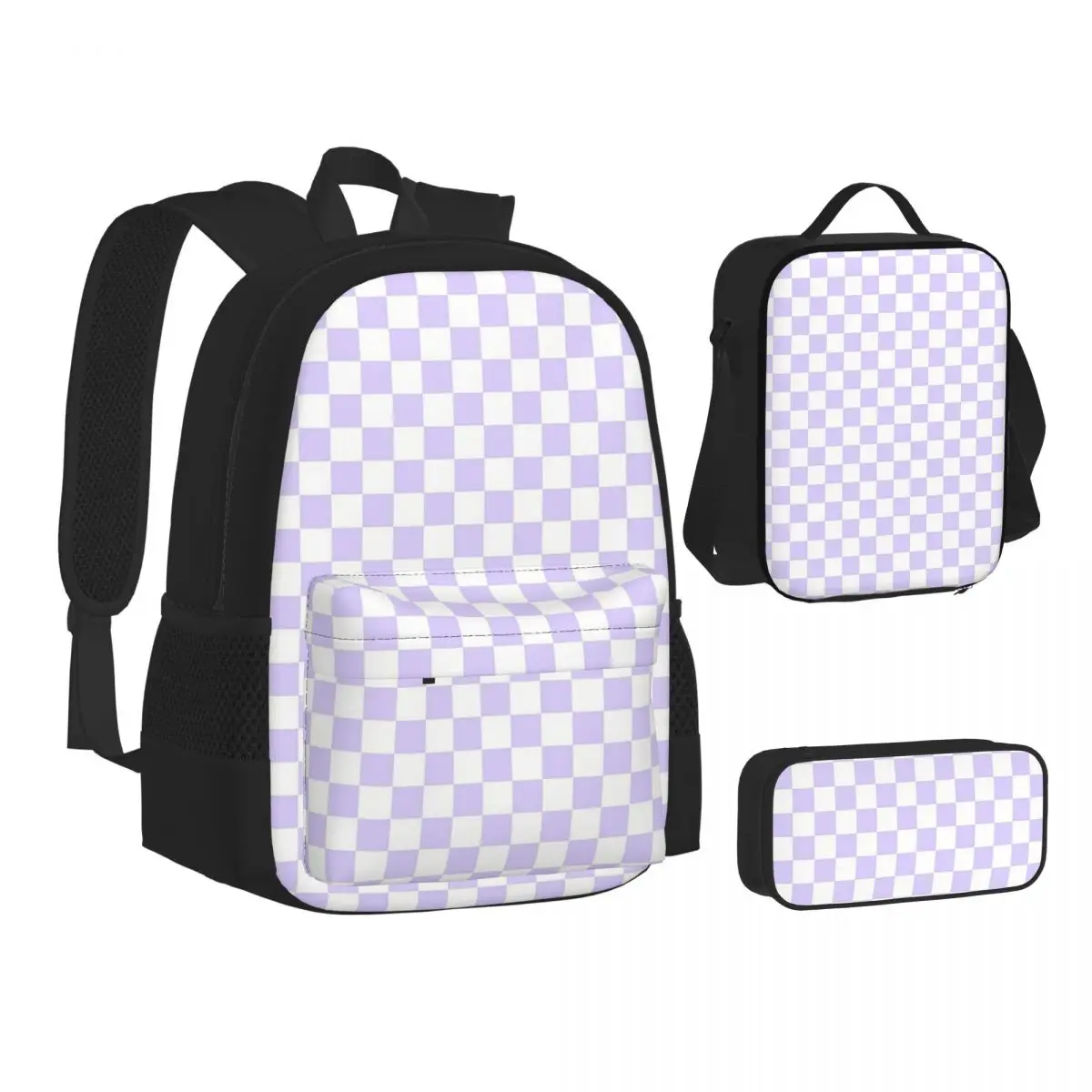 White And Pale Lavender Violet Checkerboard Backpacks Bookbag School Bags Children Rucksack Lunch Bag Pen Bag Three-Piece Set
White And Pale Lavender Violet Checkerboard Backpacks Bookbag School Bags Children Rucksack Lunch Bag Pen Bag Three-Piece Set