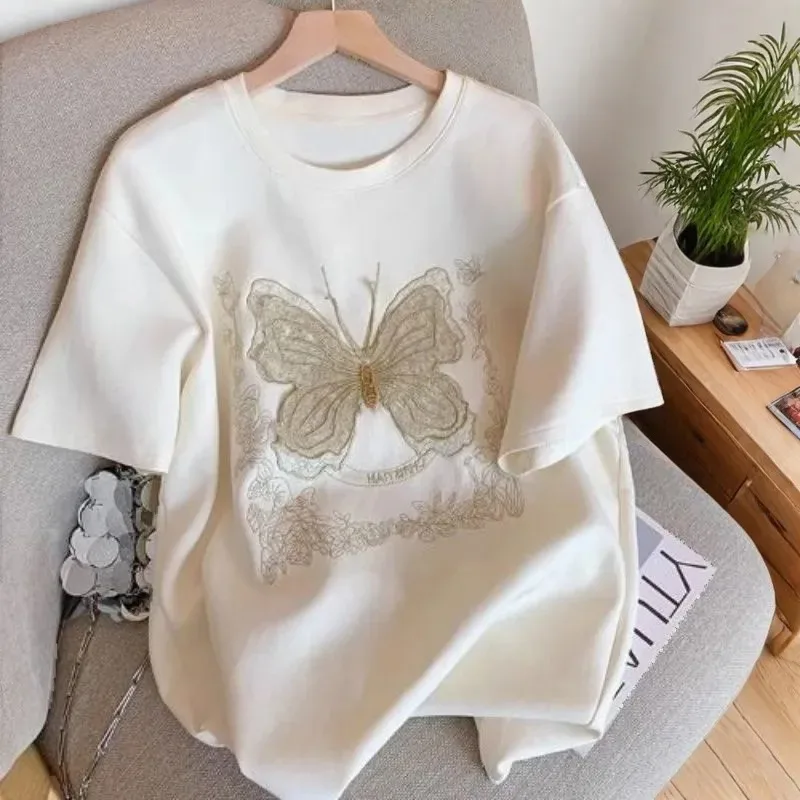 Summer Women's T-Shirt Off White Crew Neck Butterfly Embroidery Floral Accents Loose Fit Casual Cotton Tops
Summer Women's T-Shirt Off White Crew Neck Butterfly Embroidery Floral Accents Loose Fit Casual Cotton Tops