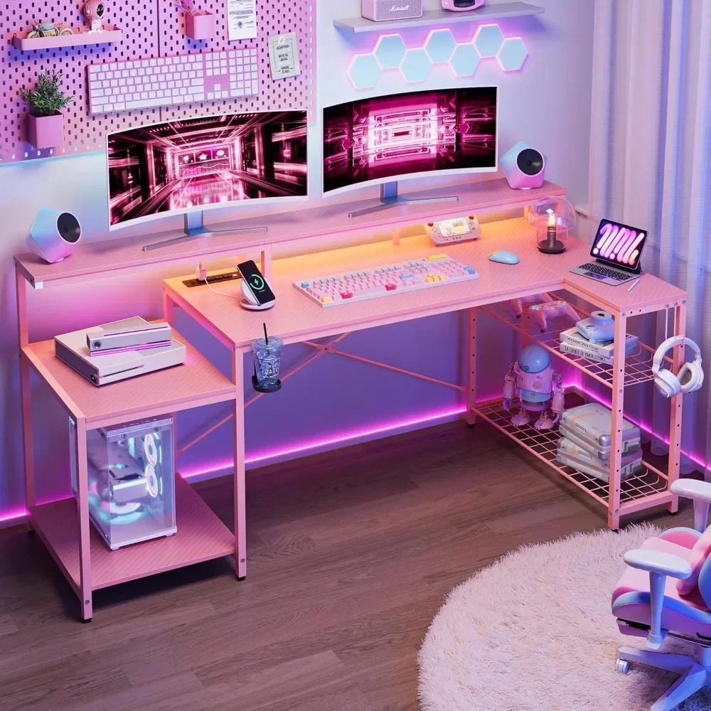 71.5 inch Gaming Desk with Power Outlet, Monitor Stand, Storage Shelf, Cup Holder & Headset Hooks, L Shaped LED Computer Desk
71.5 inch Gaming Desk with Power Outlet, Monitor Stand, Storage Shelf, Cup Holder & Headset Hooks, L Shaped LED Computer Desk
