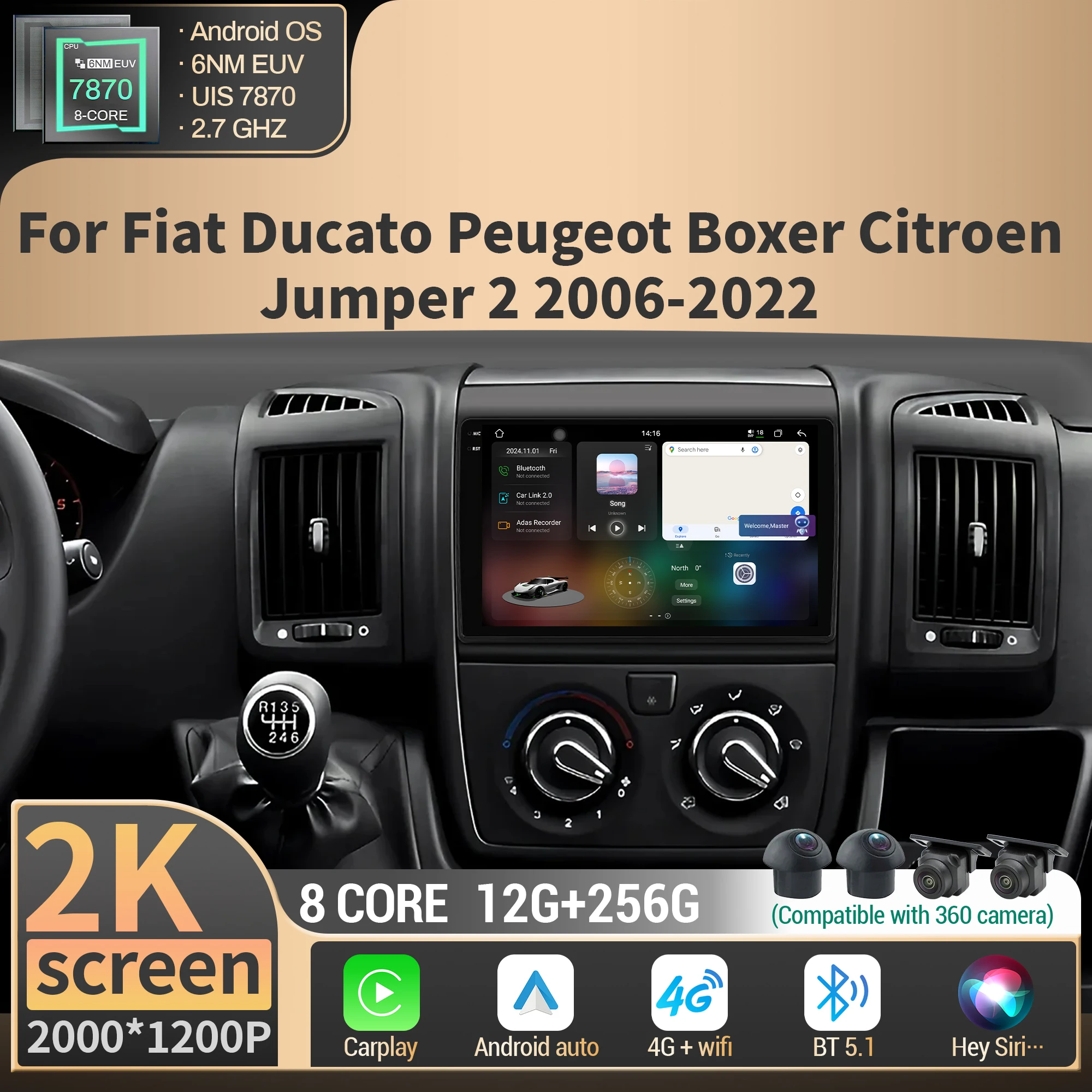 Android For Fiat Ducato Peugeot Boxer Citroen Jumper 2 2006-2022 Car Radio Multimedia Carplay 4G GPS CPU 7870 2K QLED Screen
Android For Fiat Ducato Peugeot Boxer Citroen Jumper 2 2006-2022 Car Radio Multimedia Carplay 4G GPS CPU 7870 2K QLED Screen