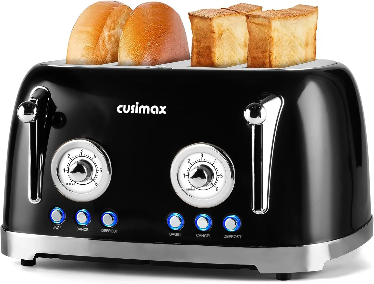 Retro 4-Slice Toaster with Wide Slots, Stainless Steel, 6 Settings, Bagel & Defrost Functions, Dual Controls, Black
Retro 4-Slice Toaster with Wide Slots, Stainless Steel, 6 Settings, Bagel & Defrost Functions, Dual Controls, Black