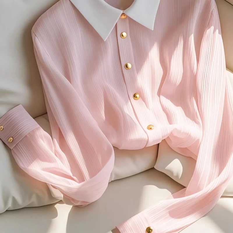 Chiffon Contrast Thin Elegant Blouse Spring Summer New Polo Neck Solid Loose Temperament Shirt Tops Fashion Korean Women Clothes
Chiffon Contrast Thin Elegant Blouse Spring Summer New Polo Neck Solid Loose Temperament Shirt Tops Fashion Korean Women Clothes