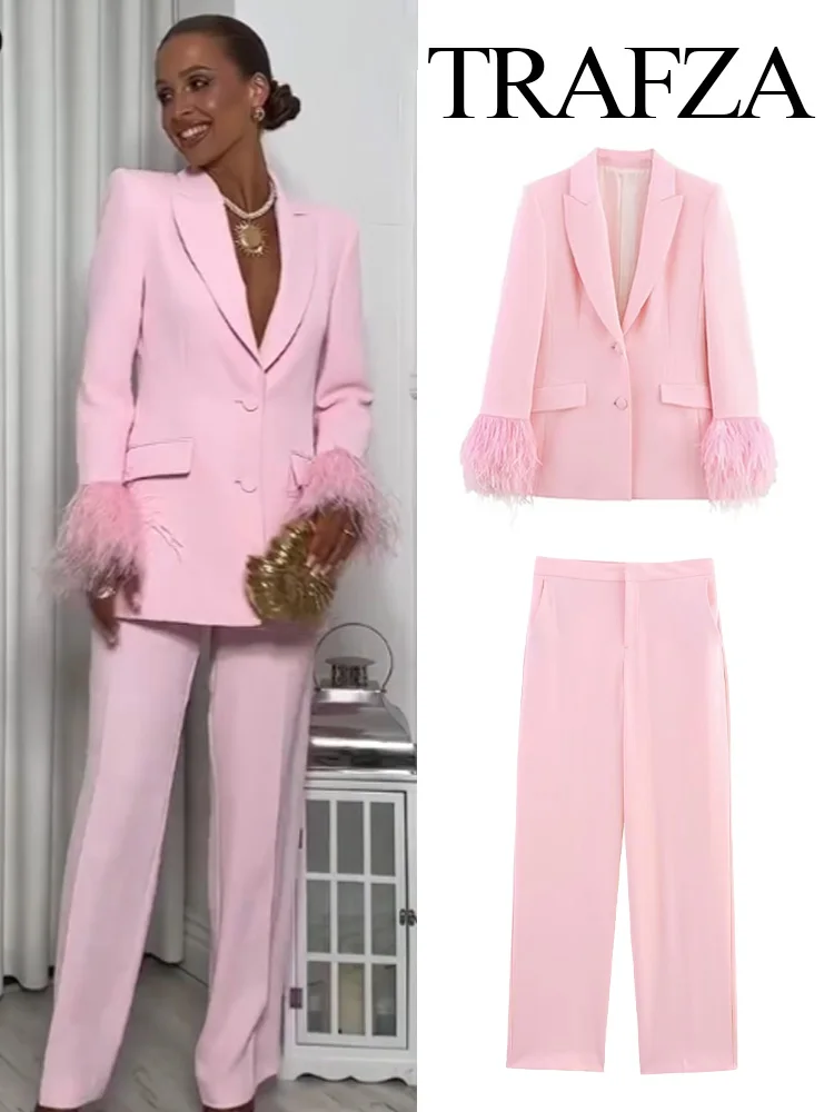 TRAFZA Women Fashion Pink Sets Turn-Down Collar Long Sleeves Single-Breasted Feather Blazer+High Waist Pocket Zipper Long Pants
TRAFZA Women Fashion Pink Sets Turn-Down Collar Long Sleeves Single-Breasted Feather Blazer+High Waist Pocket Zipper Long Pants