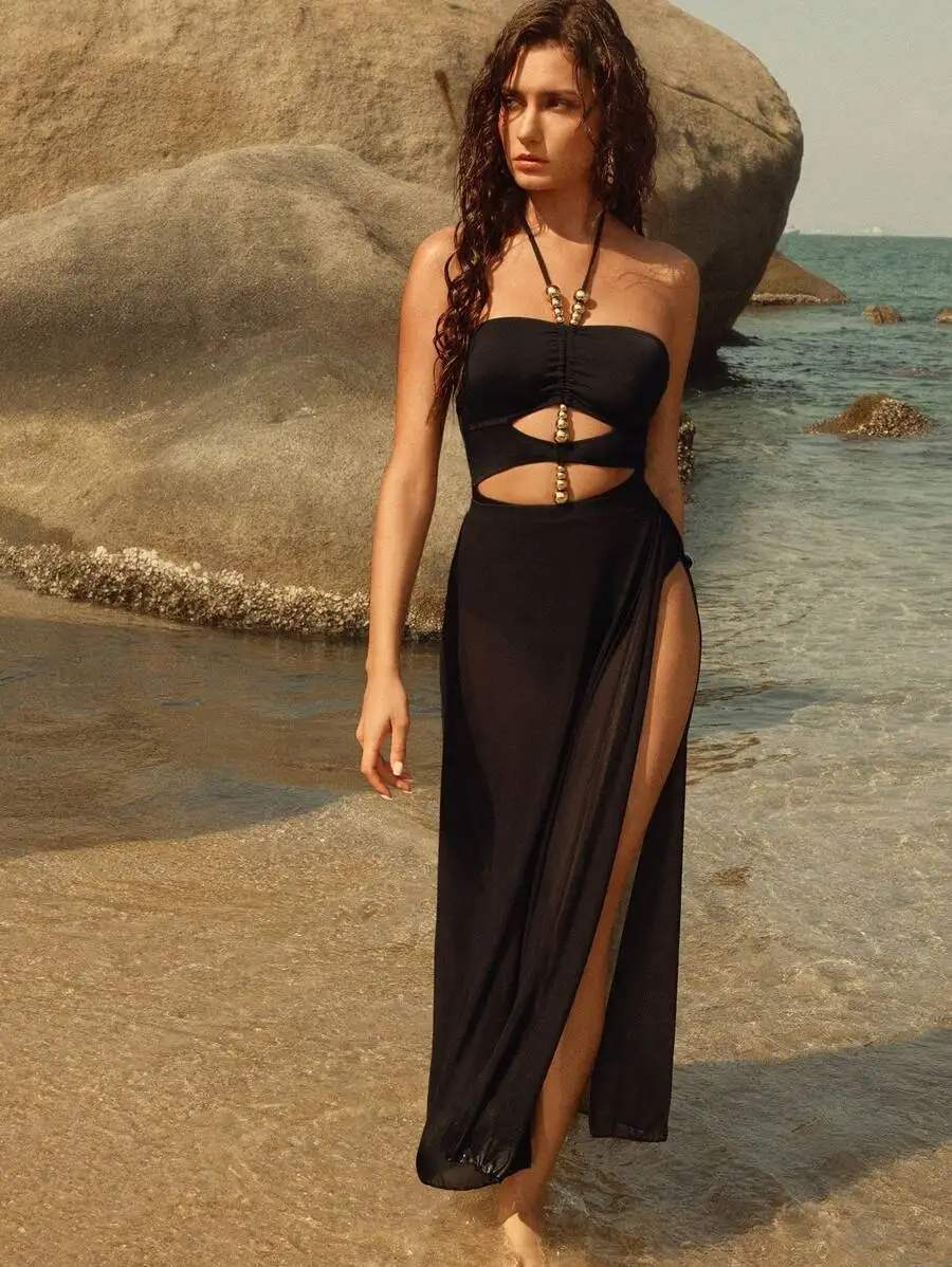 Womens Solid Bandeau Hollow Out Minimalist One Piece Swimsuit With Skirt High Slit Beach Cover Up
Womens Solid Bandeau Hollow Out Minimalist One Piece Swimsuit With Skirt High Slit Beach Cover Up