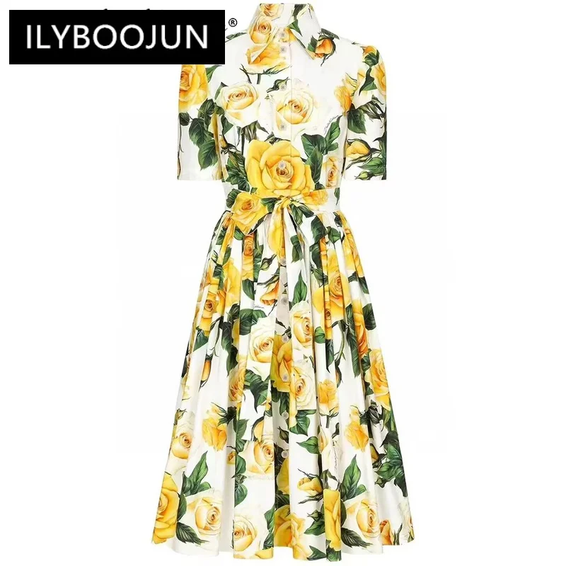 ILYBOOJUN Designer Spring Cotton Dress Women Short Sleeve Single Breasted Lace-up Yellow Floral Print Elegant Party Dresses
ILYBOOJUN Designer Spring Cotton Dress Women Short Sleeve Single Breasted Lace-up Yellow Floral Print Elegant Party Dresses