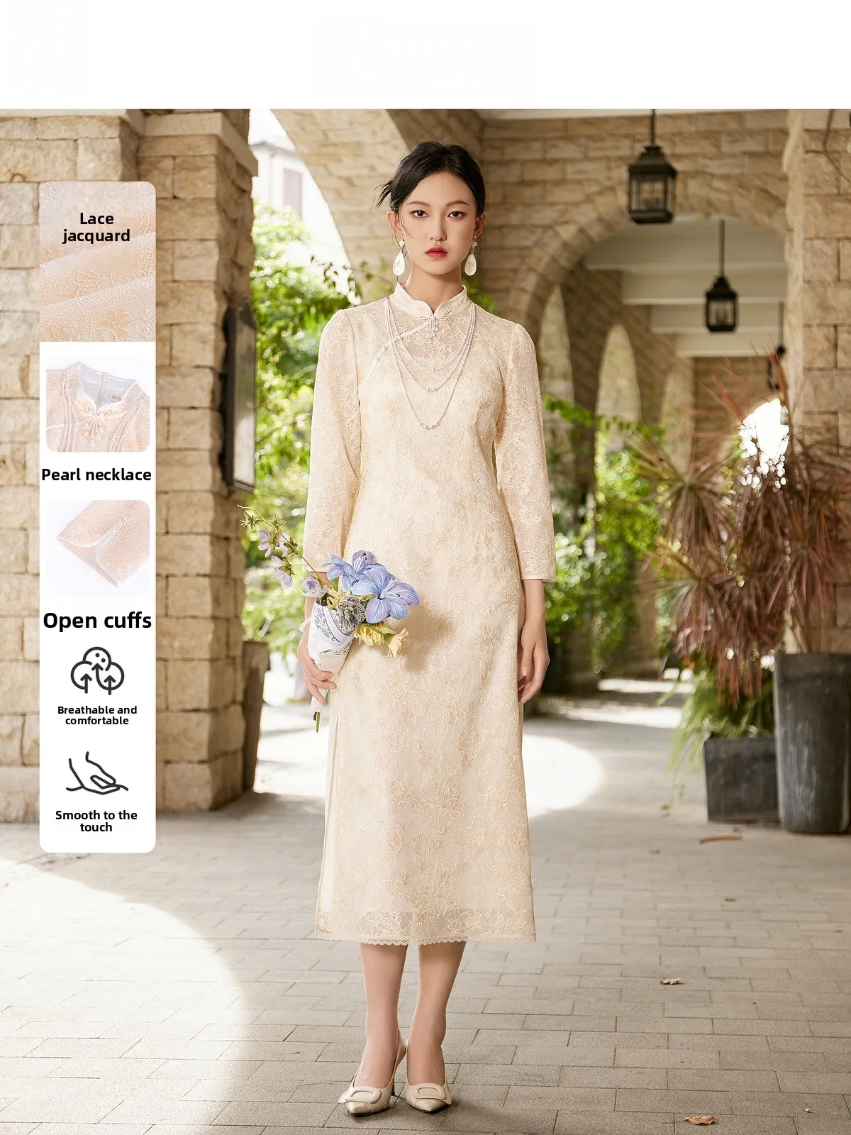 Elegant Mid-Length Qipao Dress Lace Embroidery Stand Collar Seven-Sleeve Autumn New Style Chinese Style Dress for Women
Elegant Mid-Length Qipao Dress Lace Embroidery Stand Collar Seven-Sleeve Autumn New Style Chinese Style Dress for Women