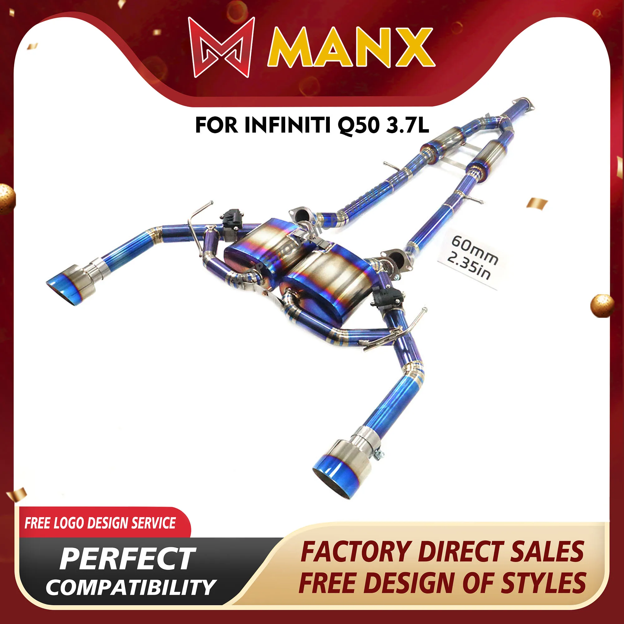 MANX Exhaust pipe for Infiniti Q50 3.7L Electronic valve Catback Ti with Exquisite Tips Support customization
MANX Exhaust pipe for Infiniti Q50 3.7L Electronic valve Catback Ti with Exquisite Tips Support customization
