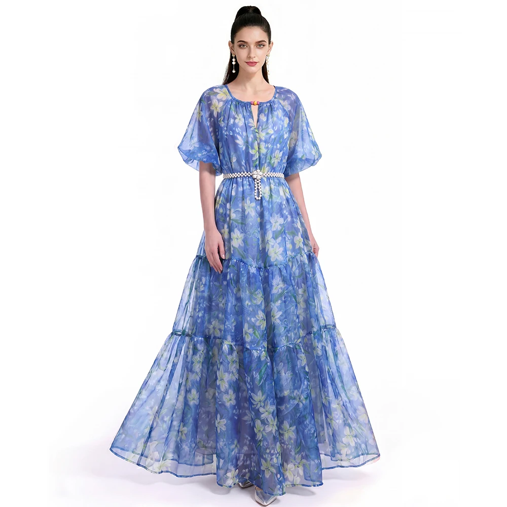 Blue Floral Print Organza Maxi Dress Women Flare Sleeve Tiered Ruffle Long Dress with Beaded Belt Elegant Party Evening Gown
Blue Floral Print Organza Maxi Dress Women Flare Sleeve Tiered Ruffle Long Dress with Beaded Belt Elegant Party Evening Gown