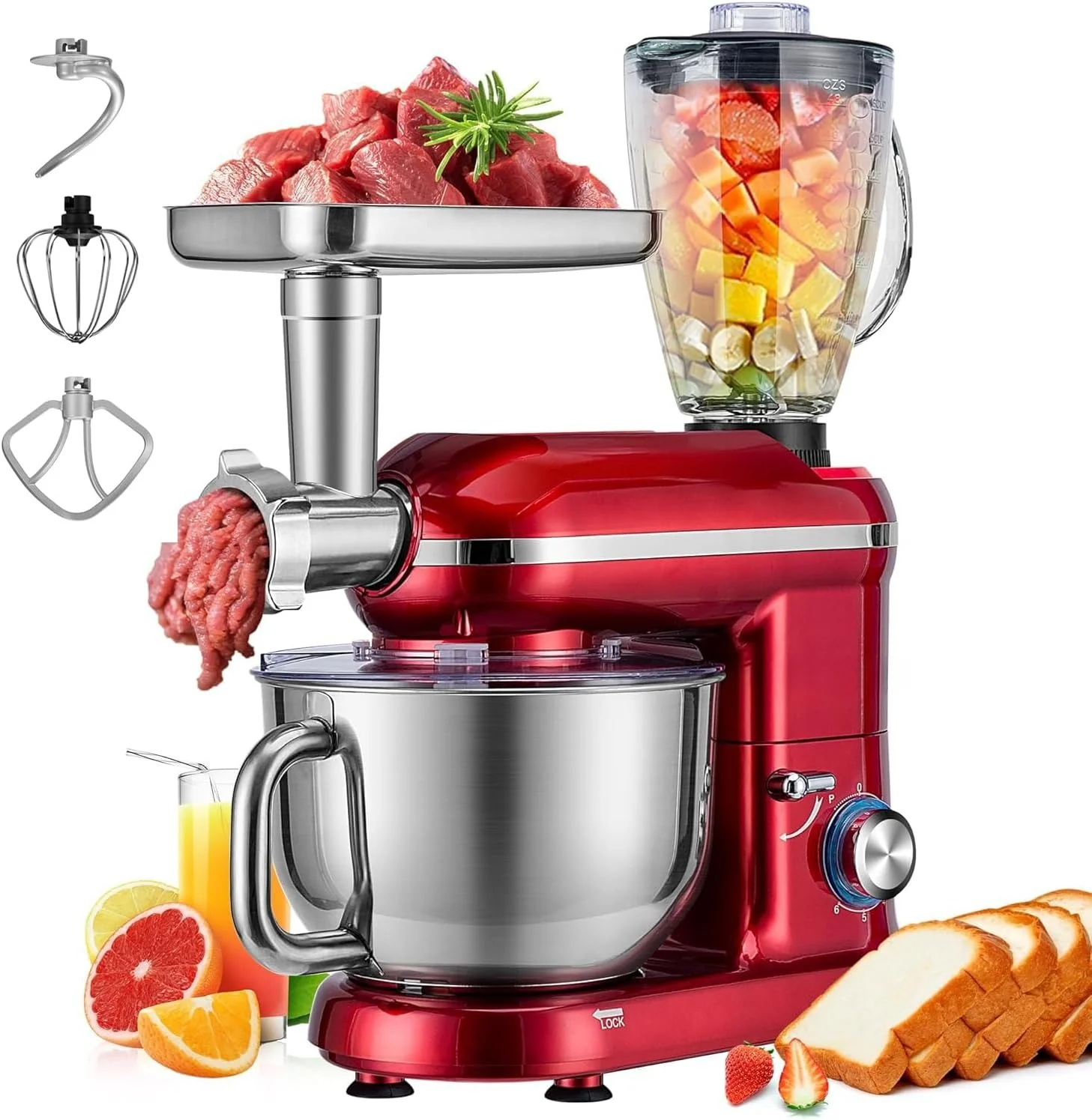 3-in-1 Stand Mixer, 6 Qt Tilt-Head Kitchen Mixer, Meat Grinder, Blender, Dough Hook, Beater, Whisk, Red
3-in-1 Stand Mixer, 6 Qt Tilt-Head Kitchen Mixer, Meat Grinder, Blender, Dough Hook, Beater, Whisk, Red