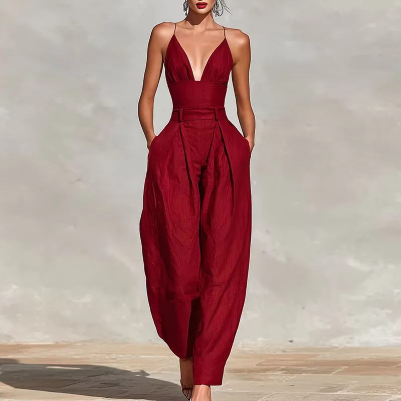 Elegant Sexy V-Neck Spaghetti Strap Jumpsuit Women High Waist Wide Leg Casual Romper Spring Boho Solid Backless Pockets Overalls
Elegant Sexy V-Neck Spaghetti Strap Jumpsuit Women High Waist Wide Leg Casual Romper Spring Boho Solid Backless Pockets Overalls
