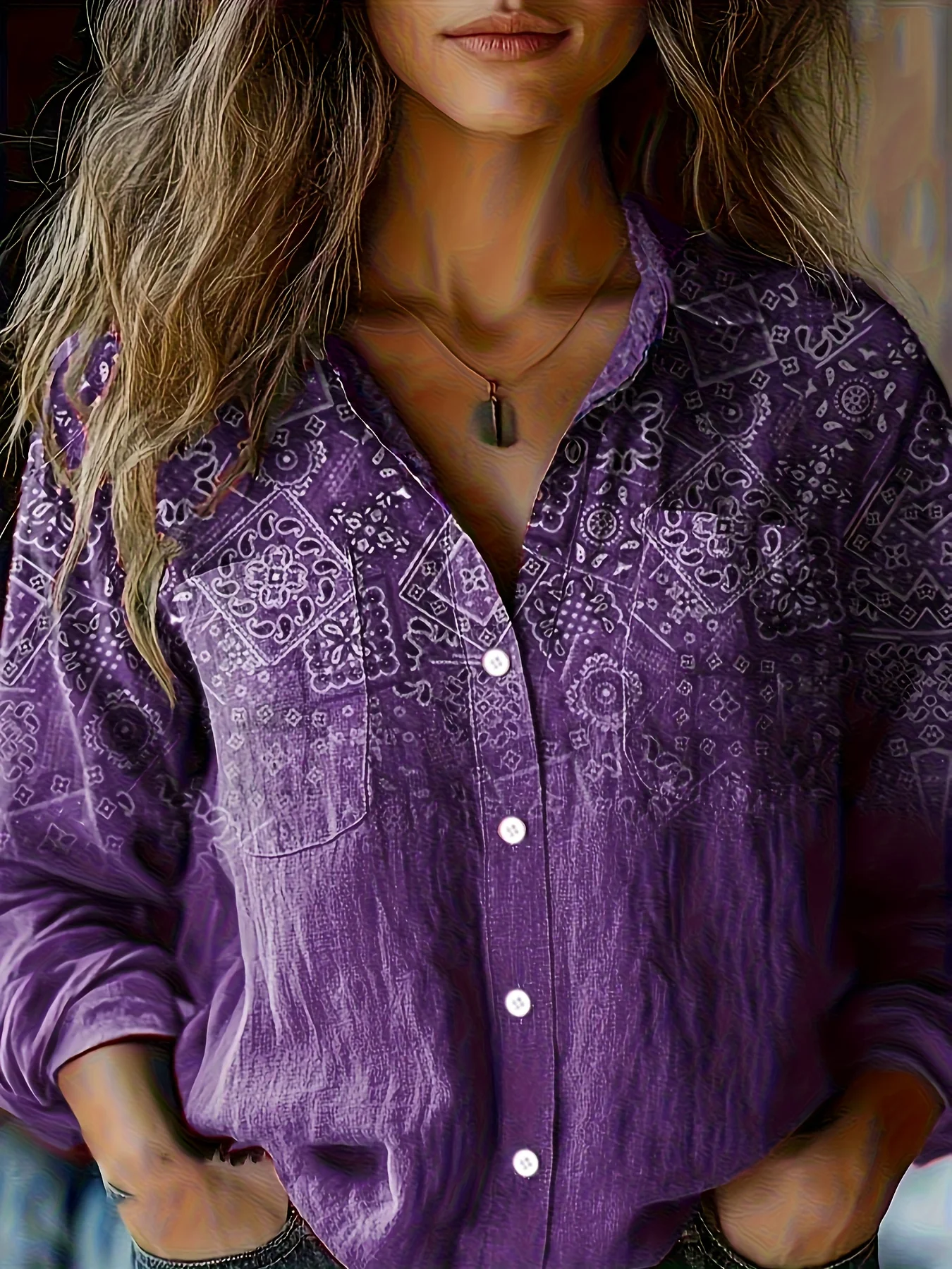 Women's Fashion Casual Long-Sleeve V-Neck Shirt with Paisley and Geometric Prints
Women's Fashion Casual Long-Sleeve V-Neck Shirt with Paisley and Geometric Prints